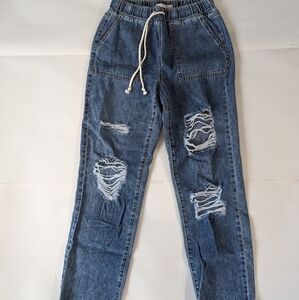 Distressed super high rise joggers